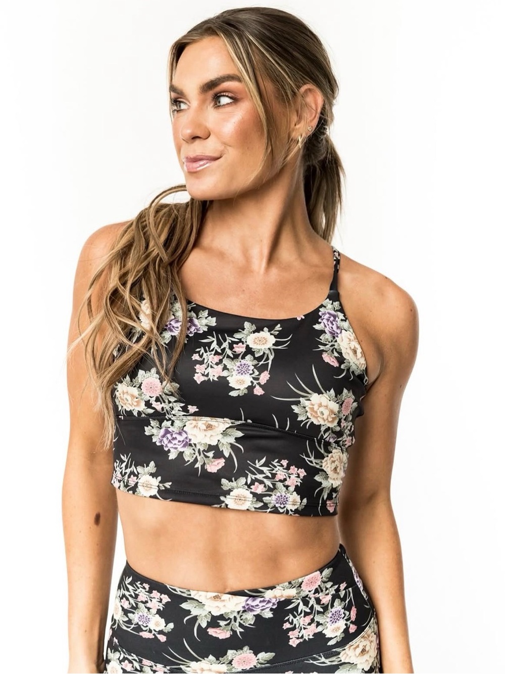 Floral Crop Tank Top - Black